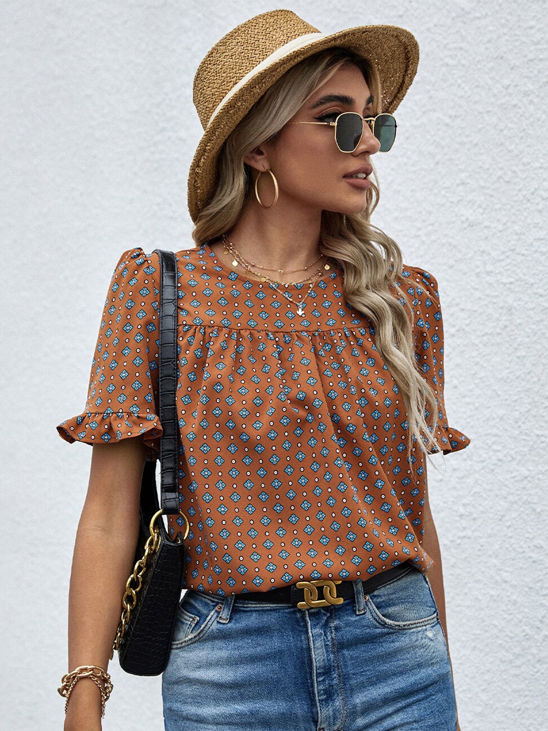 

BoStreet Brown Geometric Print Bohemian Top