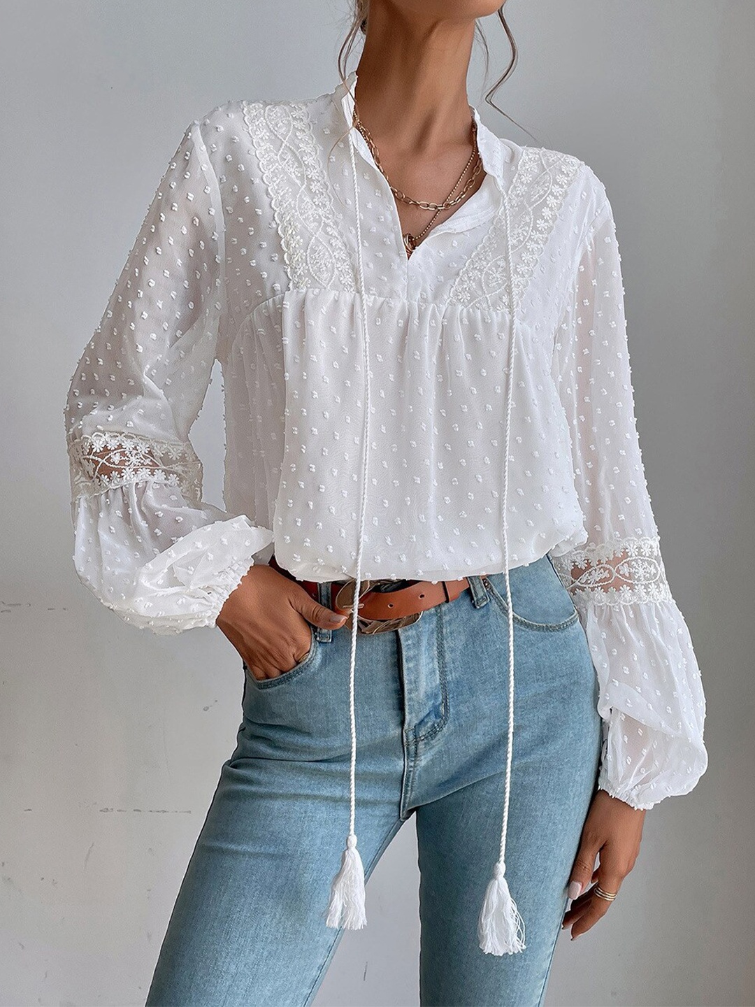 

StyleCast White Tie-Up Neck Bishop Sleeves Sheer Top