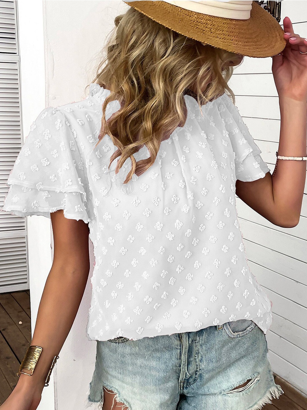 

StyleCast White Self Design High Neck Flared Sleeve Top