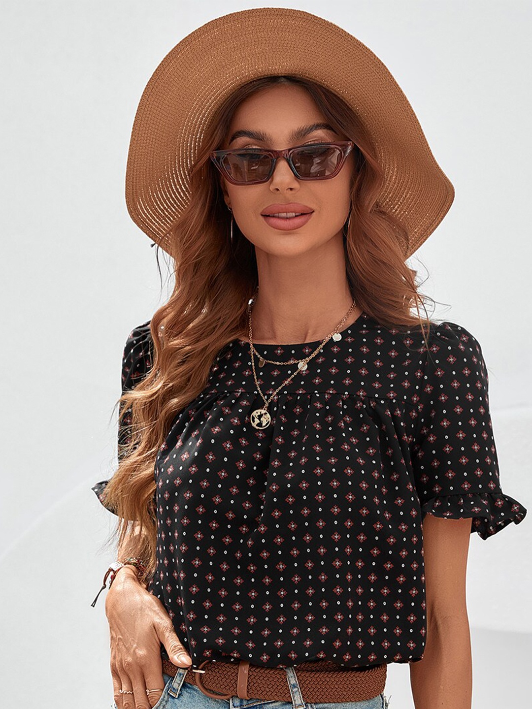

BoStreet Black Geometric Print Tie-Up Neck Top