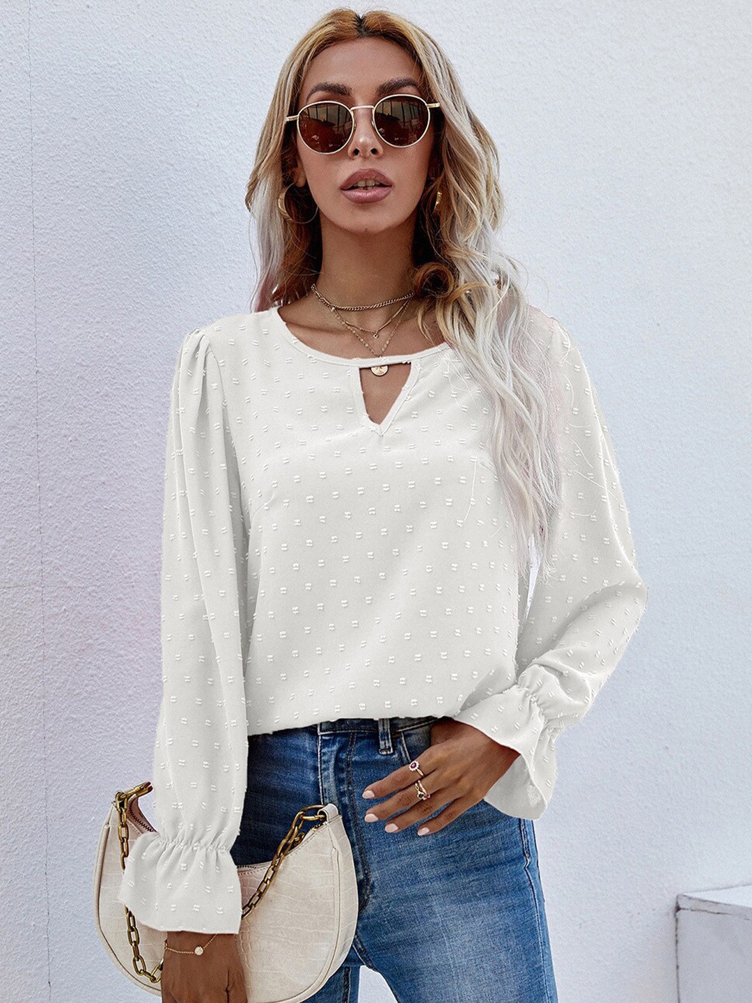 

BoStreet Women White Keyhole Neck Top