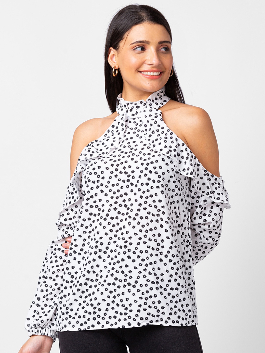 

BoStreet White Floral Print Halter Neck Styled Back Top