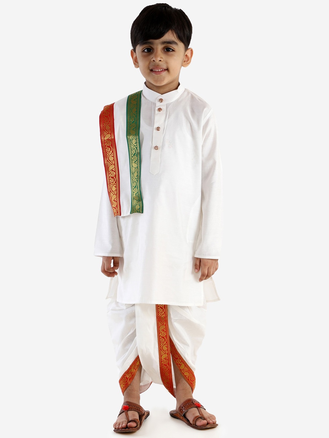 

VASTRAMAY Boys Cream-Coloured Kurta with Dhoti Pants & With Dupatta