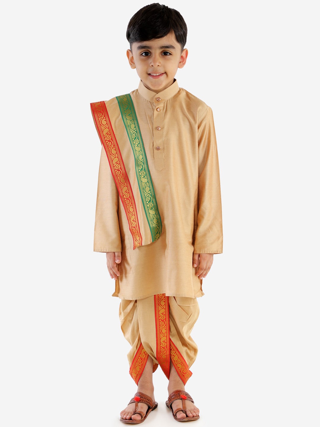 

VASTRAMAY Boys Rose Gold Layered Kurta with Dhoti Pants & With Dupatta