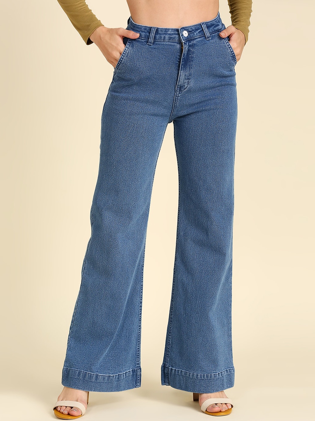 

High Star Women Blue Wide Leg High-Rise Stretchable Jeans