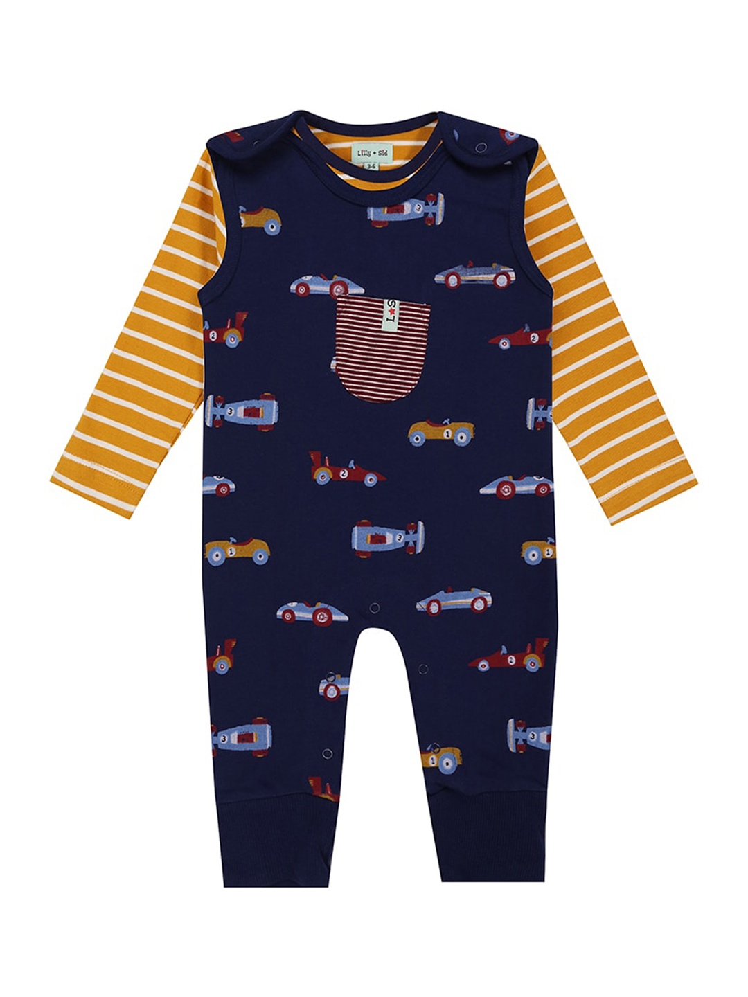 

Lilly and Sid Infants Kids Navy Blue & Yellow Cotton Dungarees