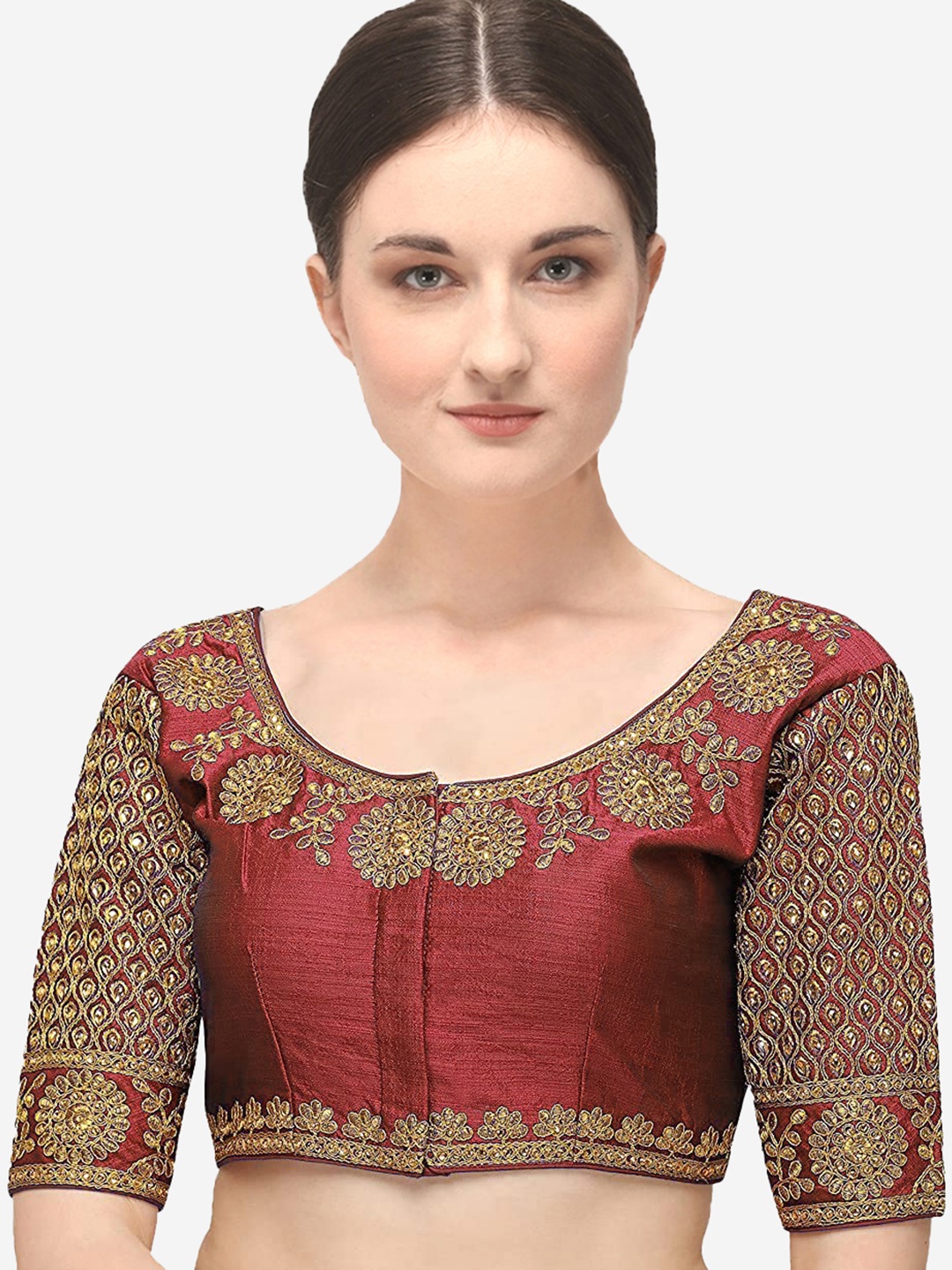 

Sumaira Tex Women Maroon & Gold-Toned Embroidered Saree Blouse
