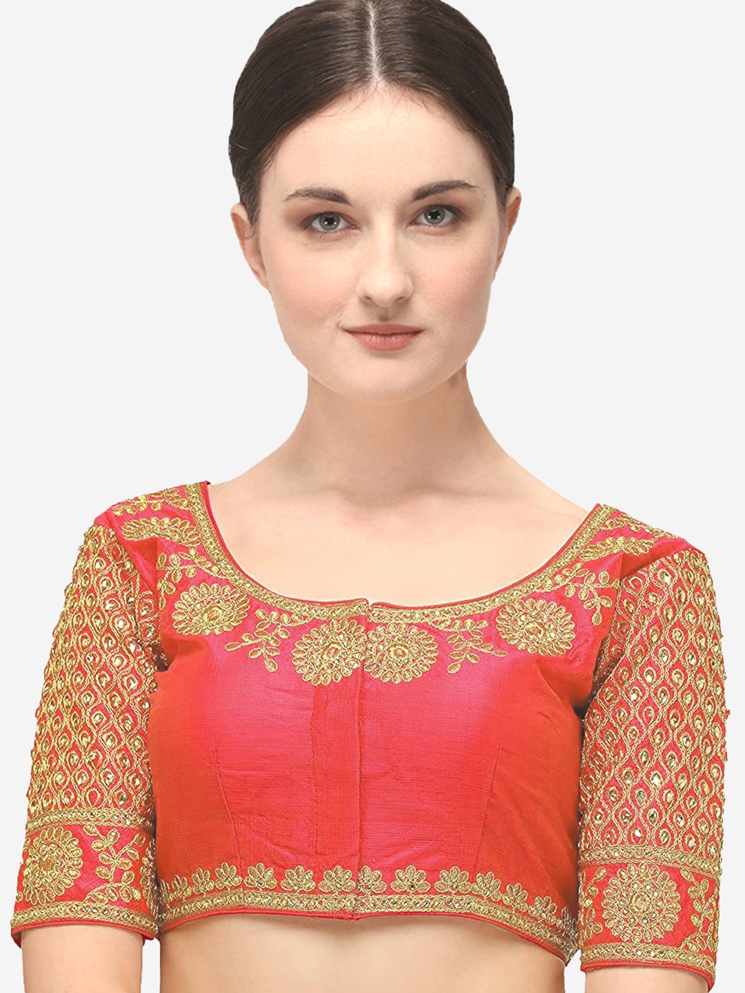 

Sumaira Tex Women Gajri Red & Golden Embroidered Silk Saree Blouse