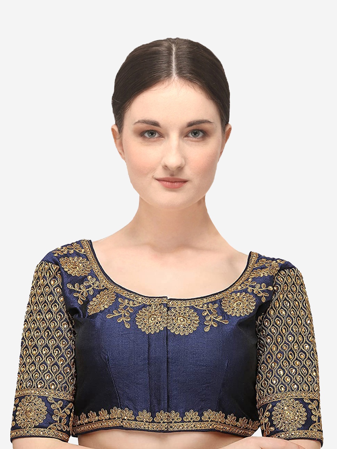 

Sumaira Tex Women Navy Blue & Gold-Colored Embroidered Readymade Saree Blouse