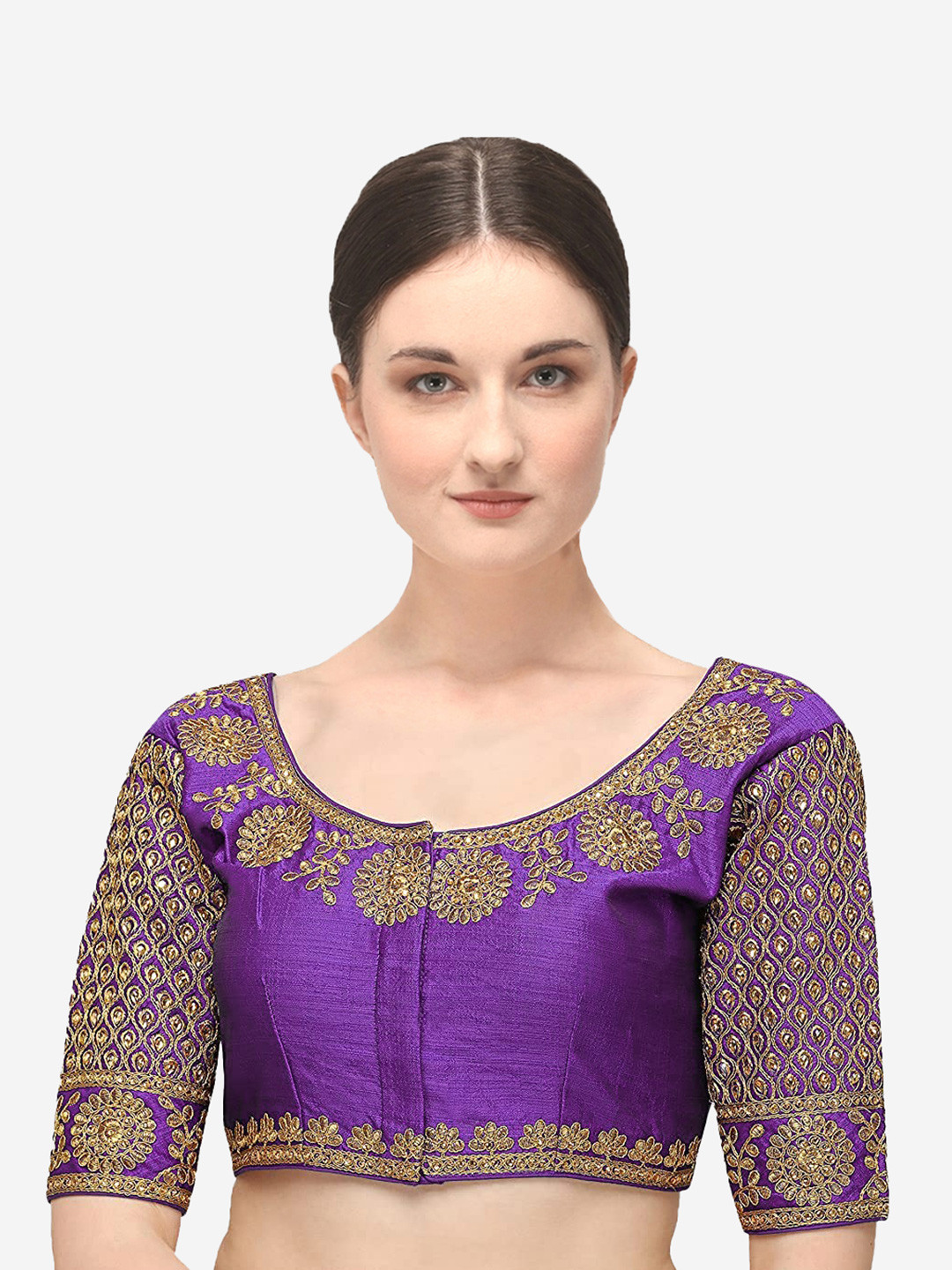 

Sumaira Tex Women Purple Embroidered Padded Ready made Saree Blouse