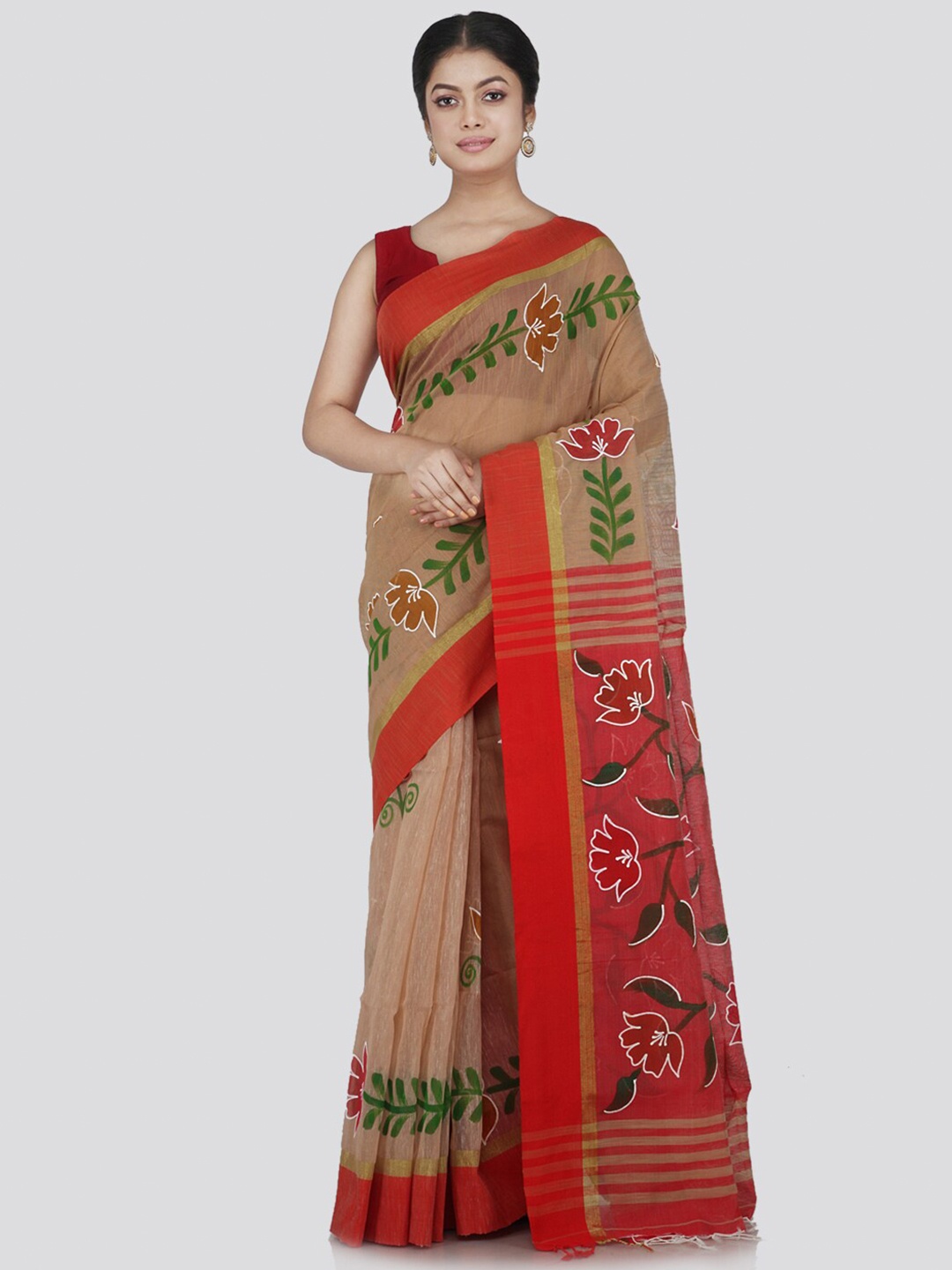 

PinkLoom Beige & Red Floral Printed Cotton Blend Saree