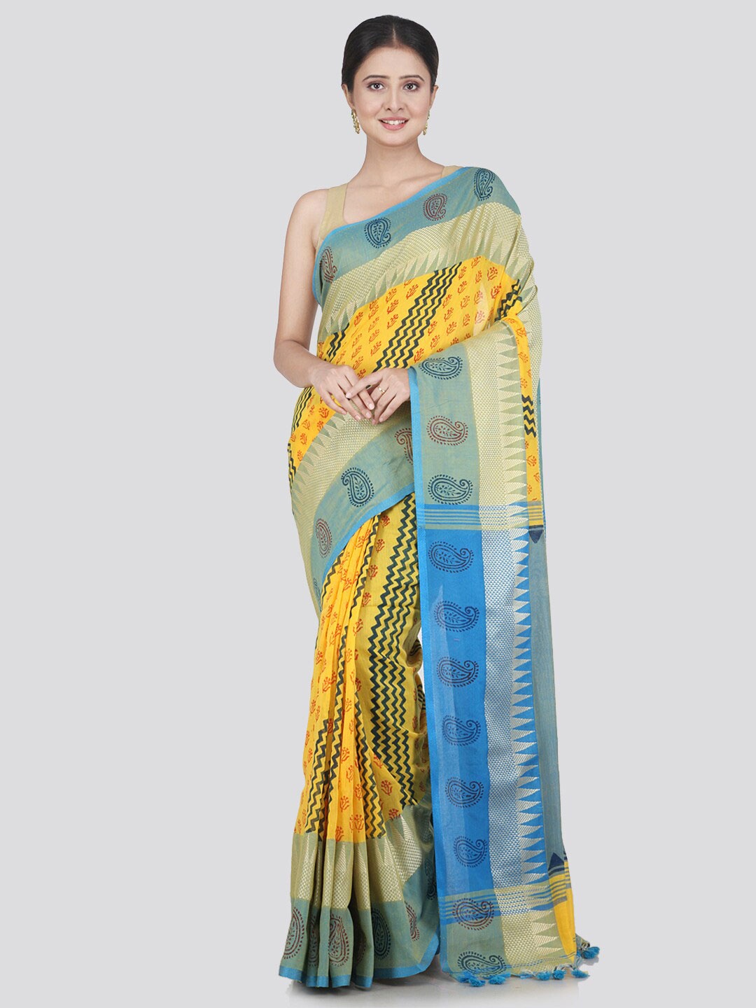

PinkLoom Women Yellow & Blue Woven Design Pure Cotton Saree