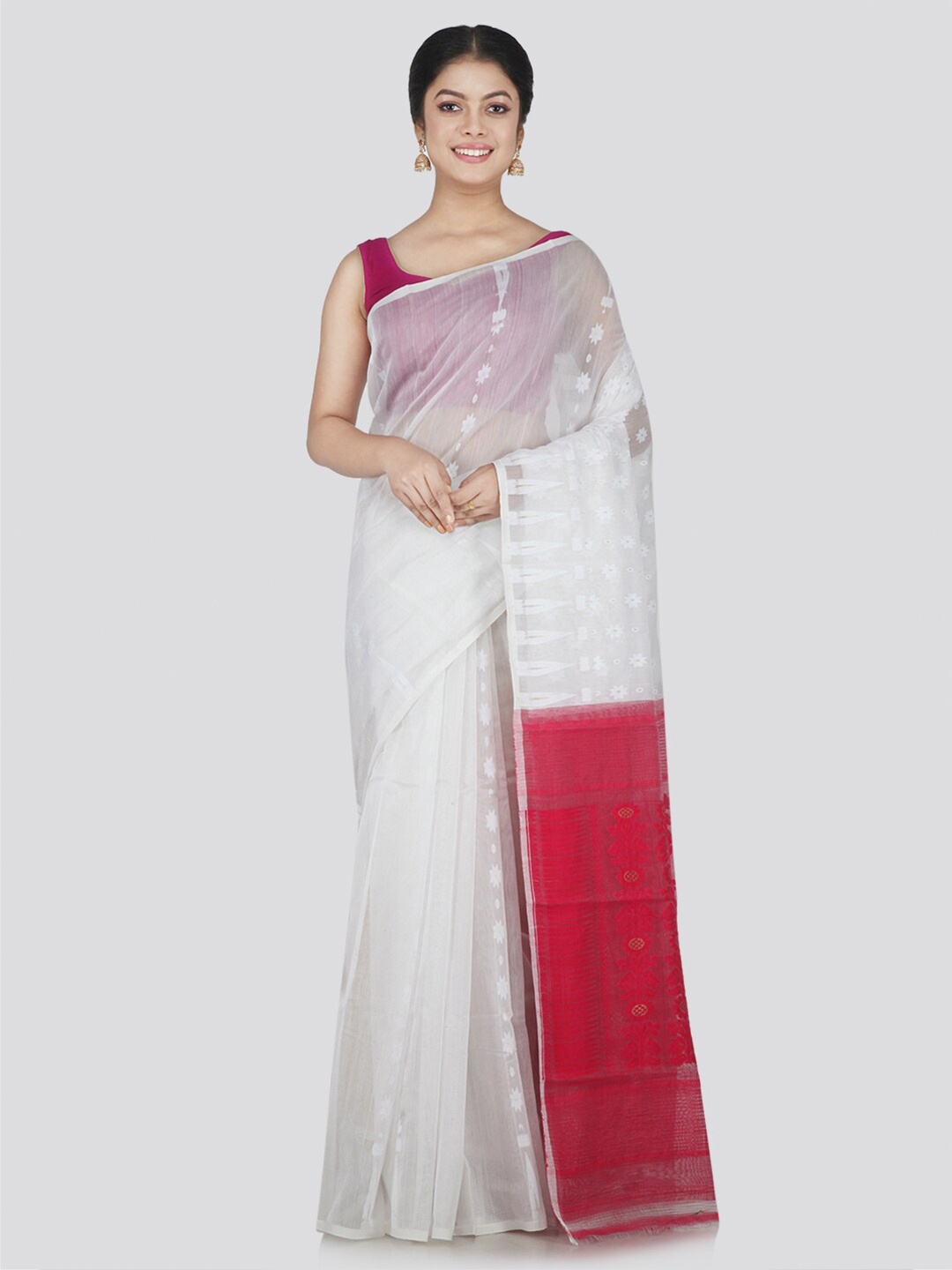 

PinkLoom White & Pink Woven Design Jamdani Saree