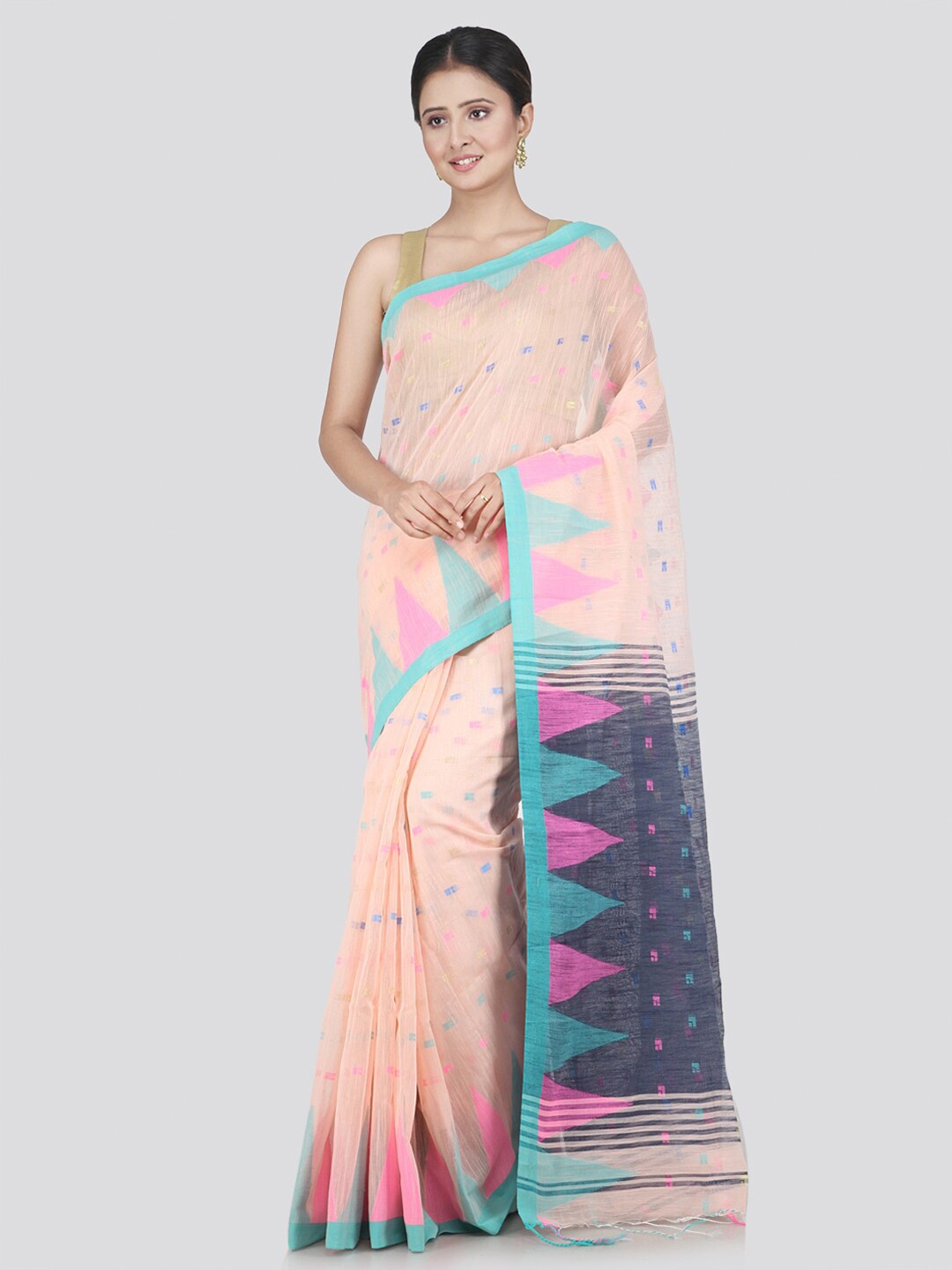 

PinkLoom Peach-Coloured & Grey Woven Design Saree