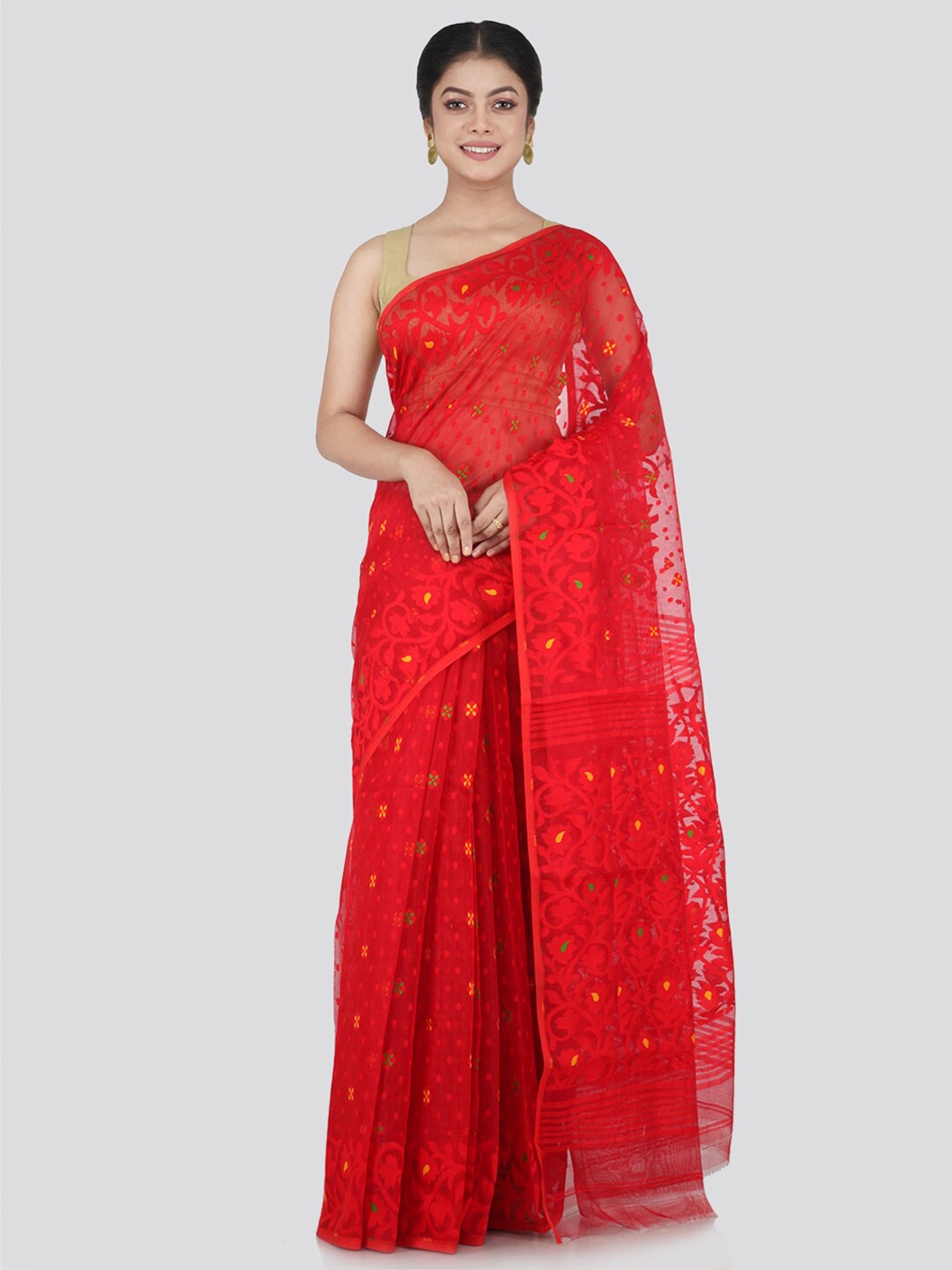 

PinkLoom Red & Yellow Woven Design Jamdani Saree