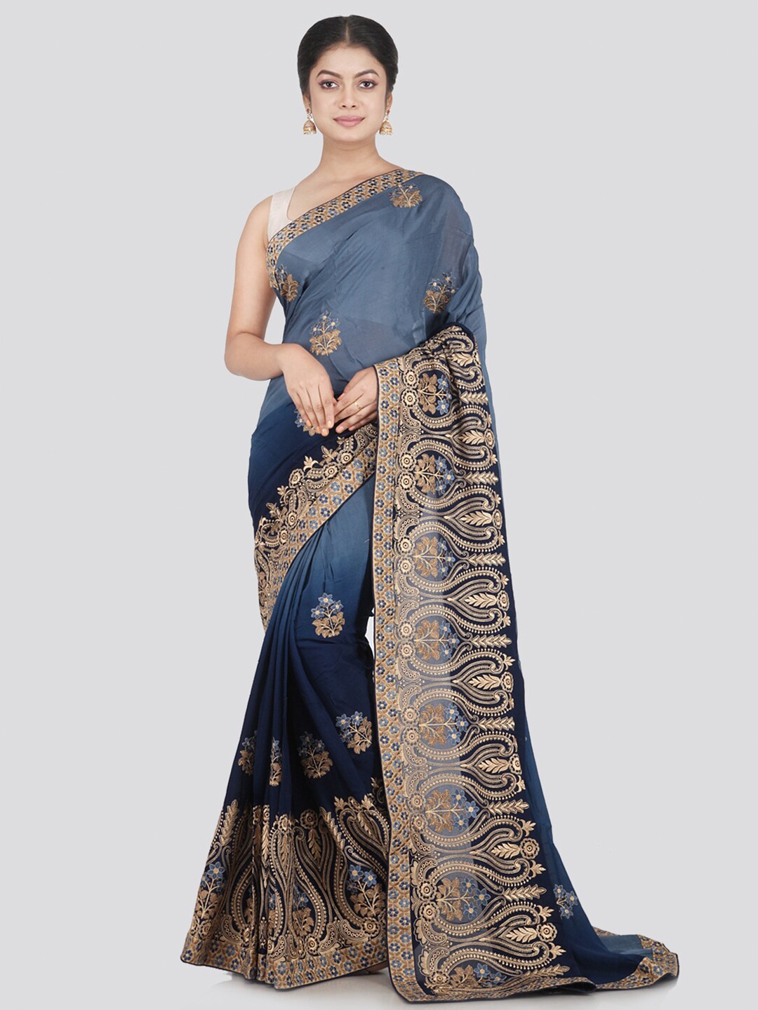 

PinkLoom Grey & Beige Woven Design Pure Chiffon Saree