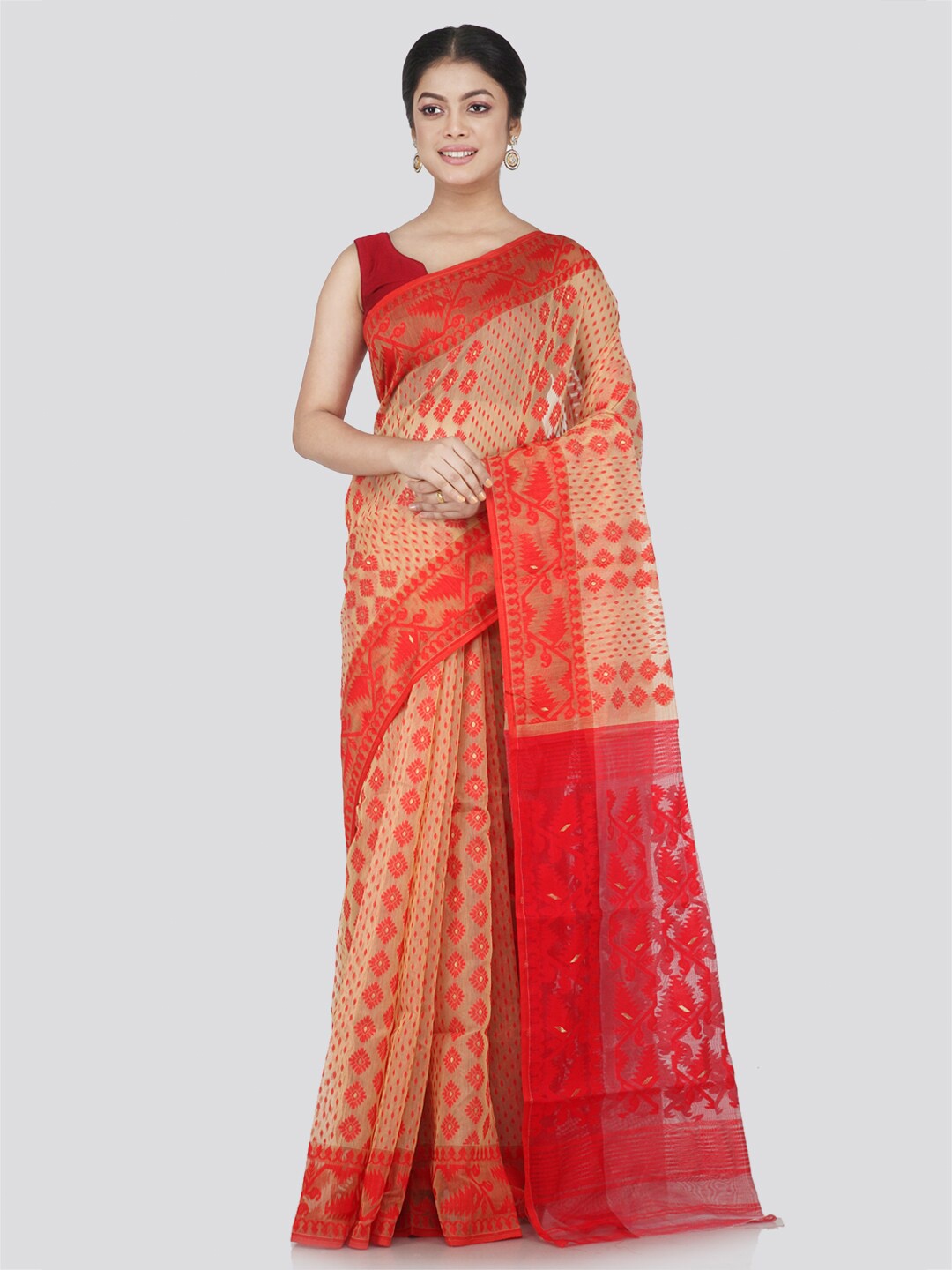 

PinkLoom Beige & Red Woven Design Jamdani Saree