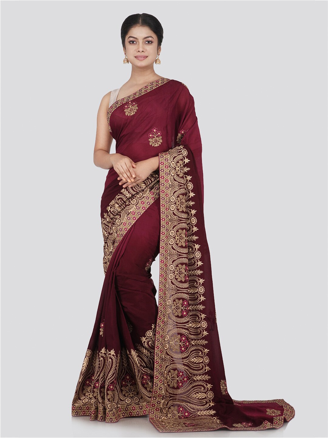 

PinkLoom Maroon & Beige Woven Design Pure Chiffon Saree