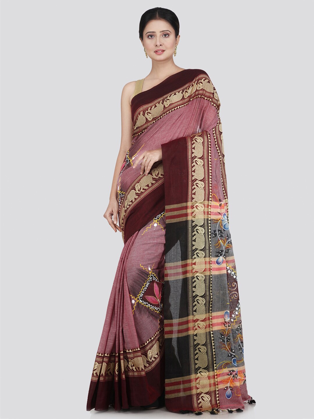 

PinkLoom Pink & Brown Woven Design Zari Pure Cotton Saree