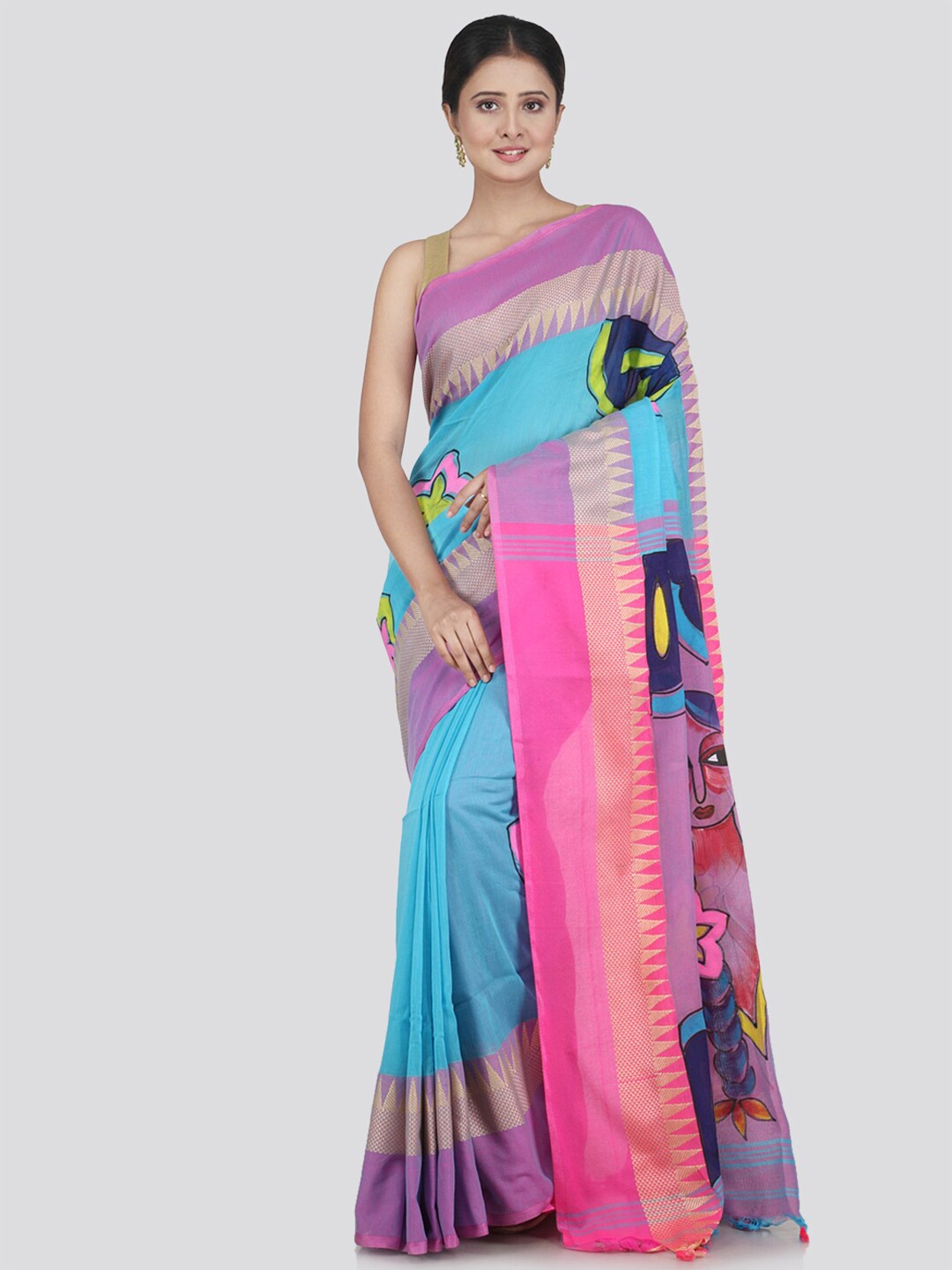 

PinkLoom Blue & Pink Ethnic Motifs Pure Cotton Saree