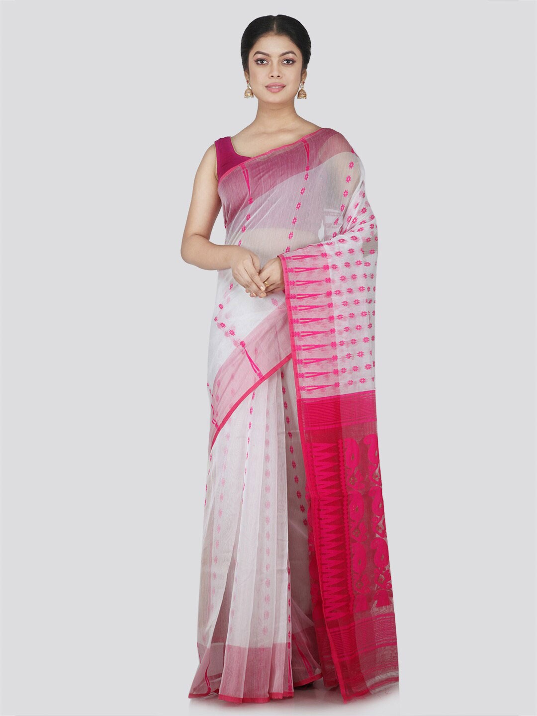 

PinkLoom White & Pink Woven Design Jamdani Saree