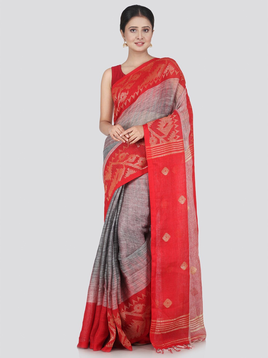 

PinkLoom Grey & Red Woven Design Pure Linen Saree