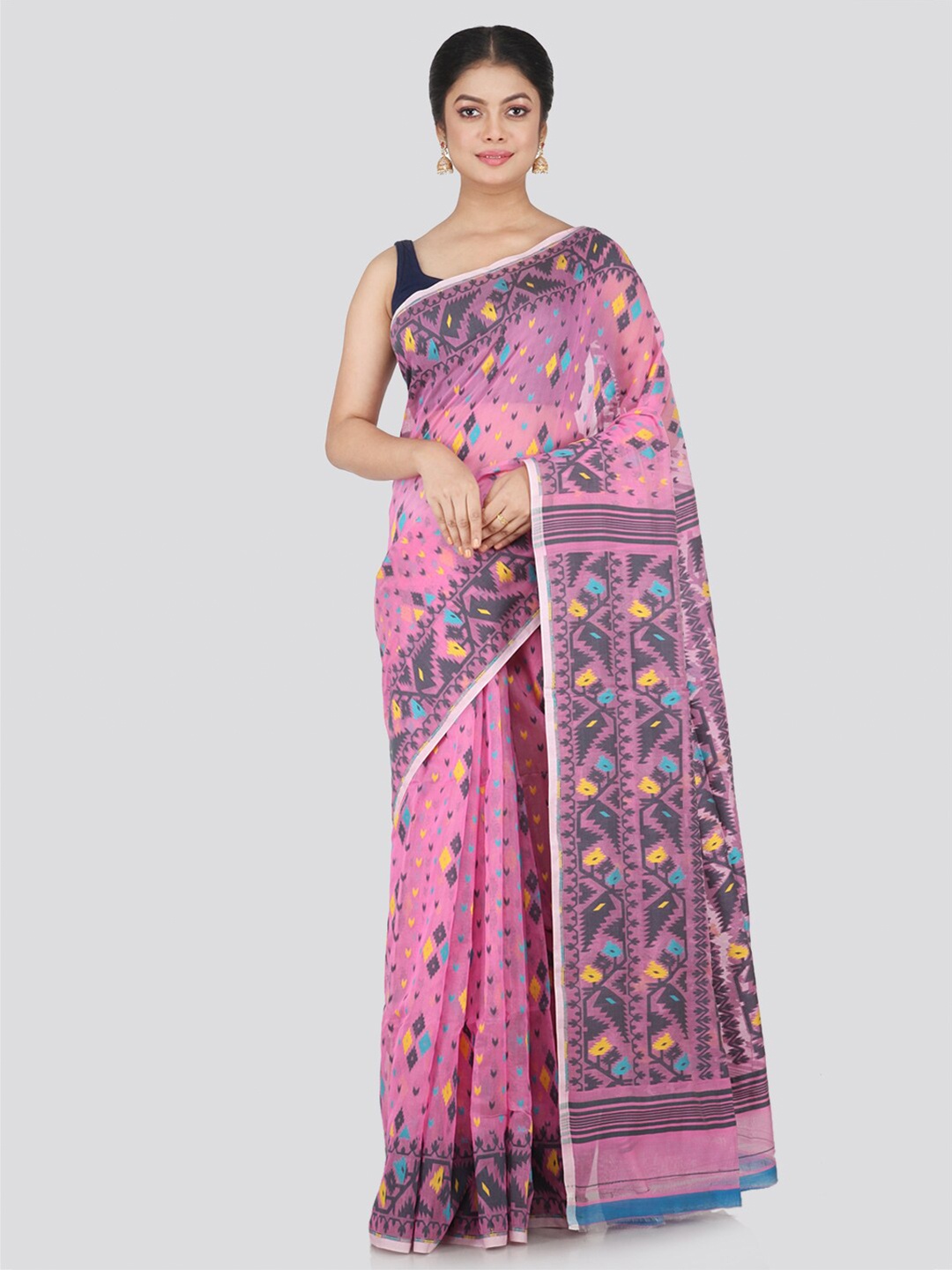 

PinkLoom Pink & Grey Woven Design Pure Cotton Jamdani Saree