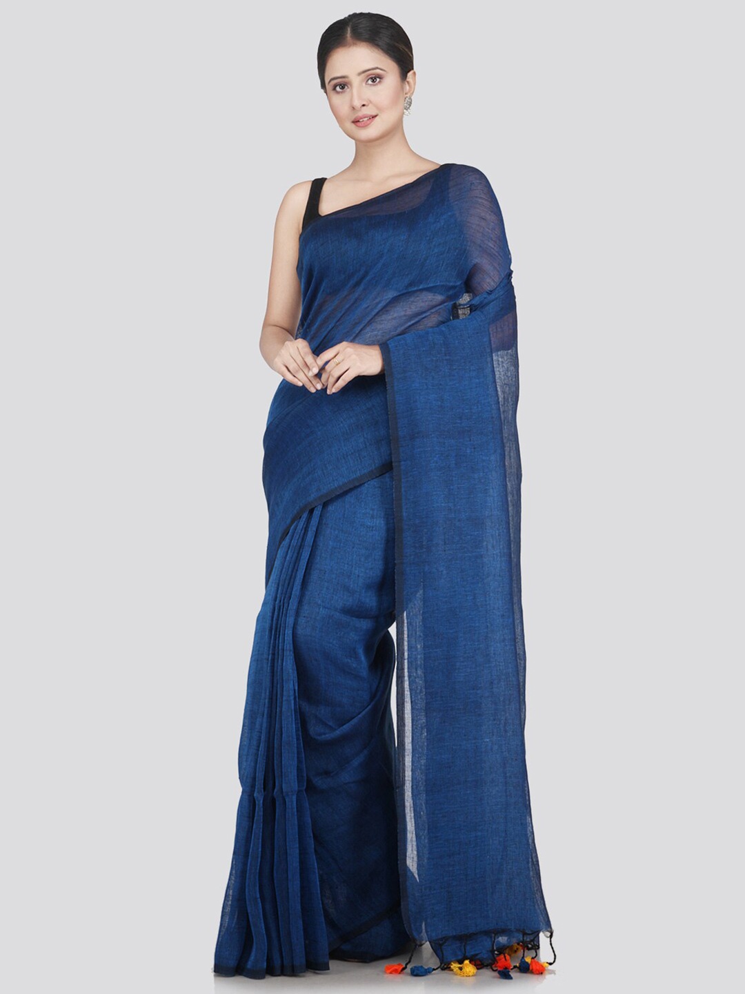 

PinkLoom Blue Solid Pure Linen Saree