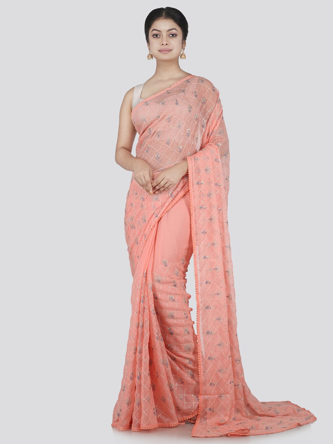 

PinkLoom Peach-Coloured & Silver-Toned Floral Embroidered Pure Chiffon Saree