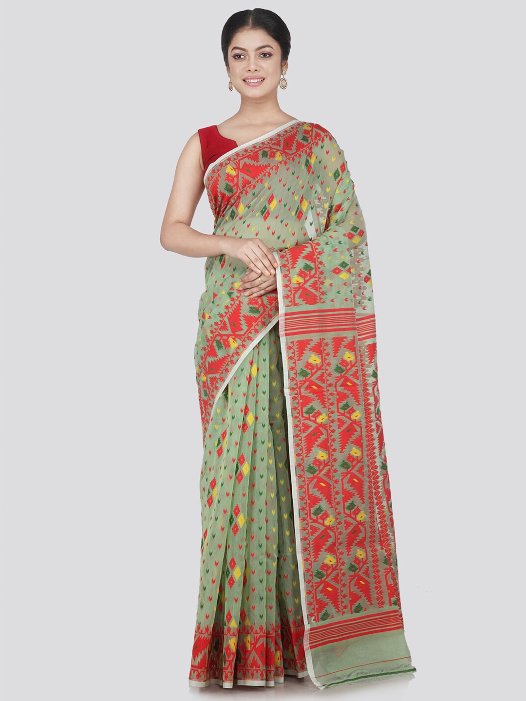 

PinkLoom Green & Red Ethnic Motifs Pure Cotton Jamdani Saree