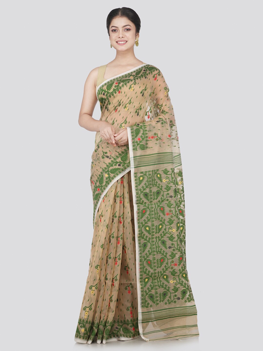 

PinkLoom Beige & Green Floral Pure Cotton Jamdani Saree