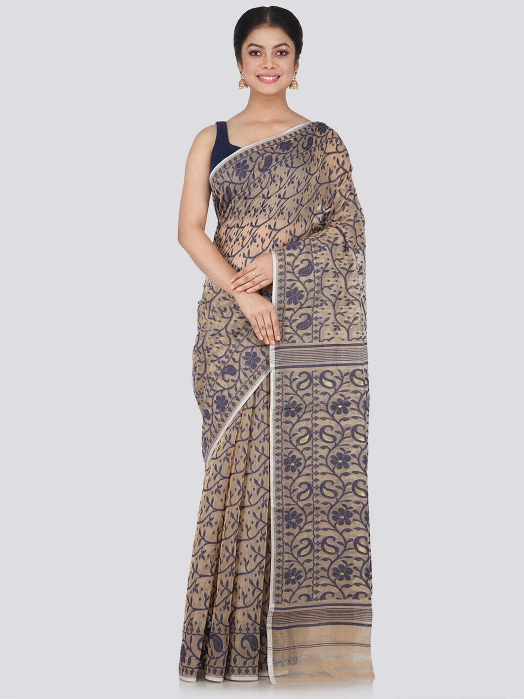 

PinkLoom Women Beige & Grey Woven Design Pure Cotton Jamdani Saree