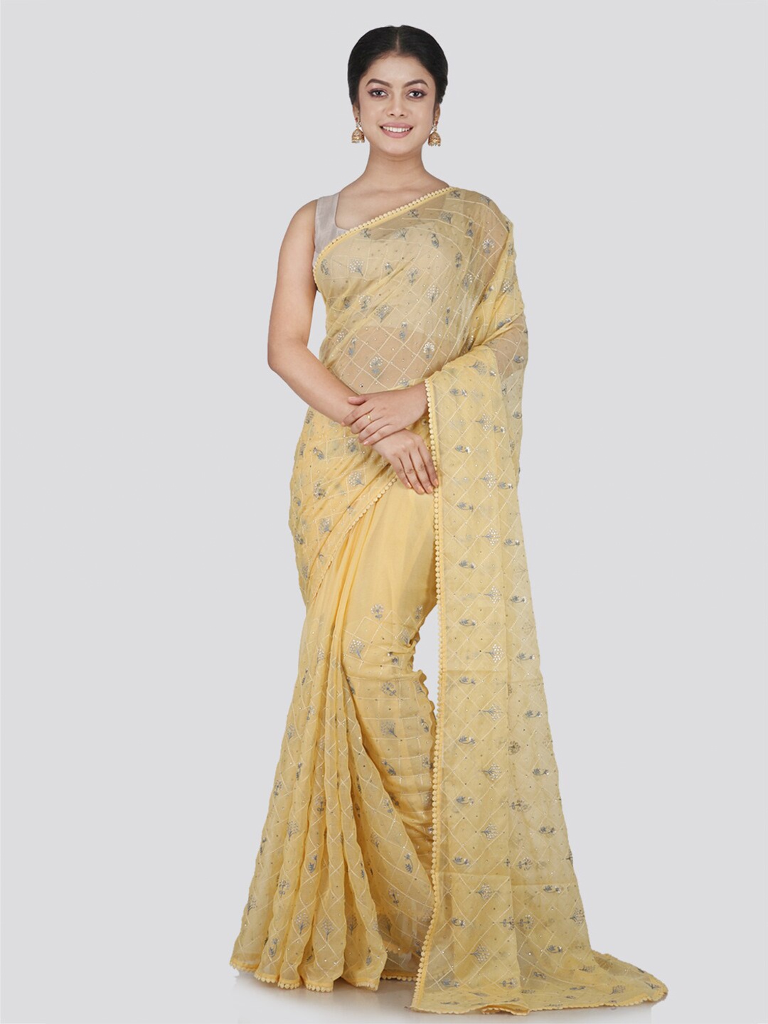 

PinkLoom Beige & Grey Floral Beads and Stones Pure Chiffon Saree