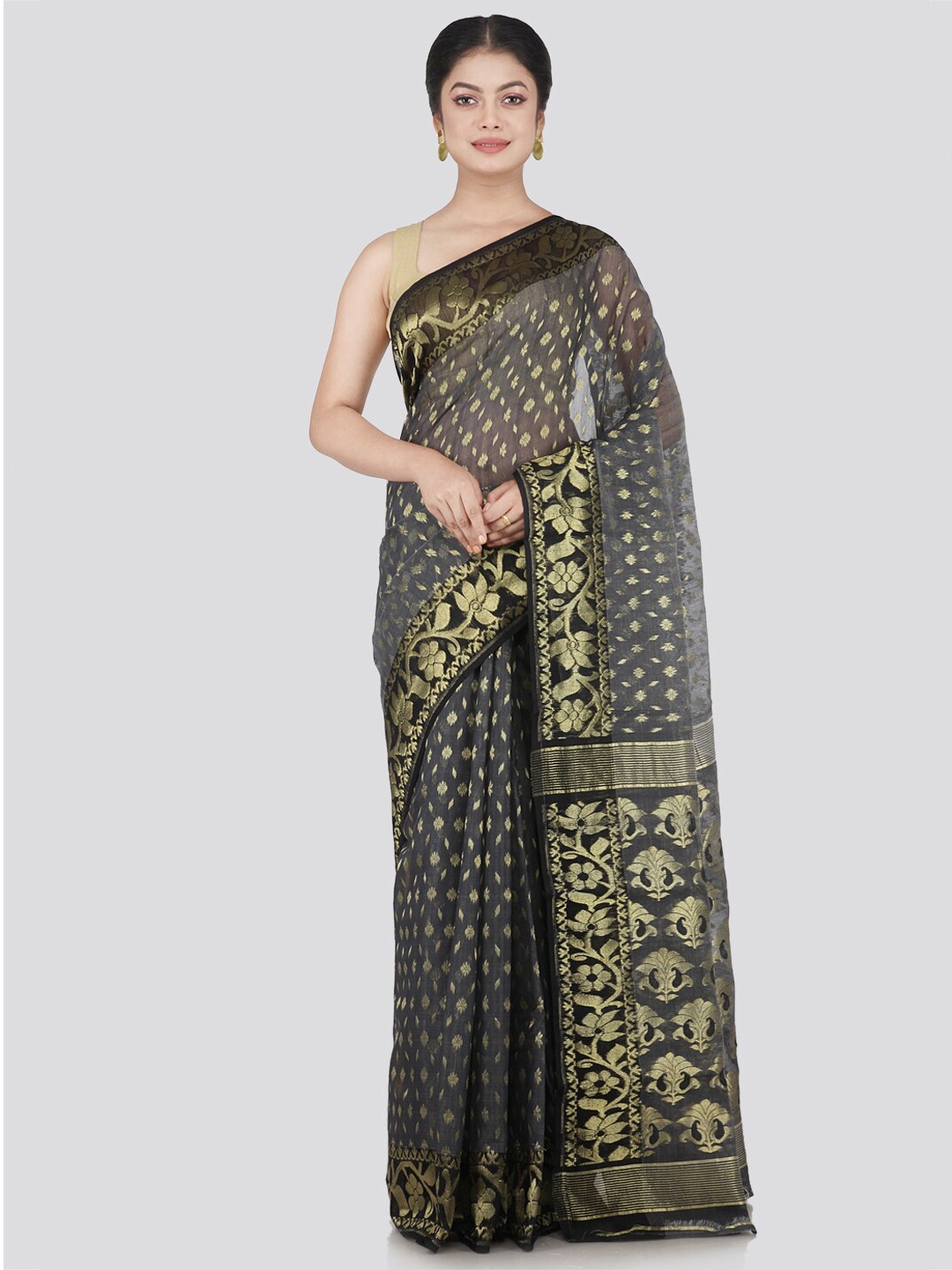 

PinkLoom Grey & Gold-Toned Ethnic Motifs Jamdani Saree