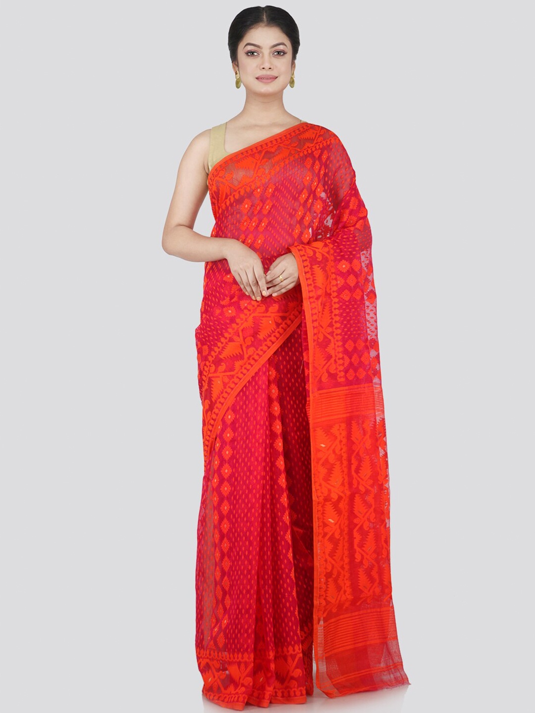 

PinkLoom Women's Soft Cotton Red Woven Design Jamdani Saree