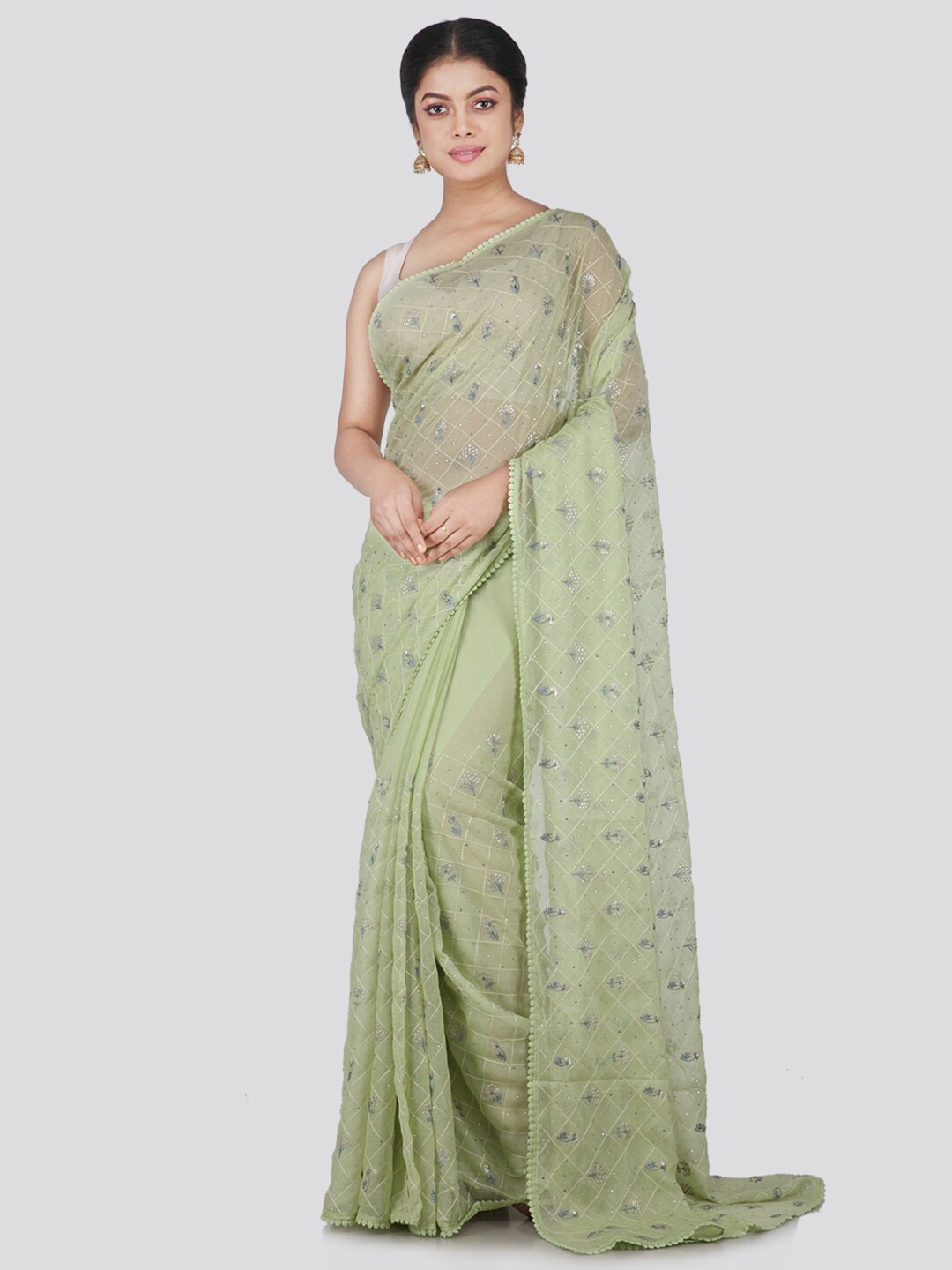 

PinkLoom Green & Silver-Toned Floral Pure Chiffon Saree