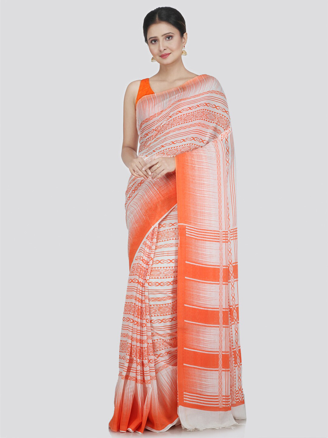 

PinkLoom White & Orange Woven Design Pure Cotton Saree