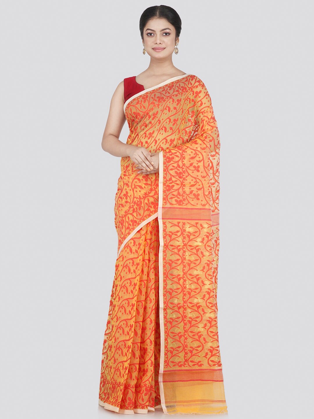 

PinkLoom Women Yellow & Orange Woven Design Pure Cotton Jamdani Saree