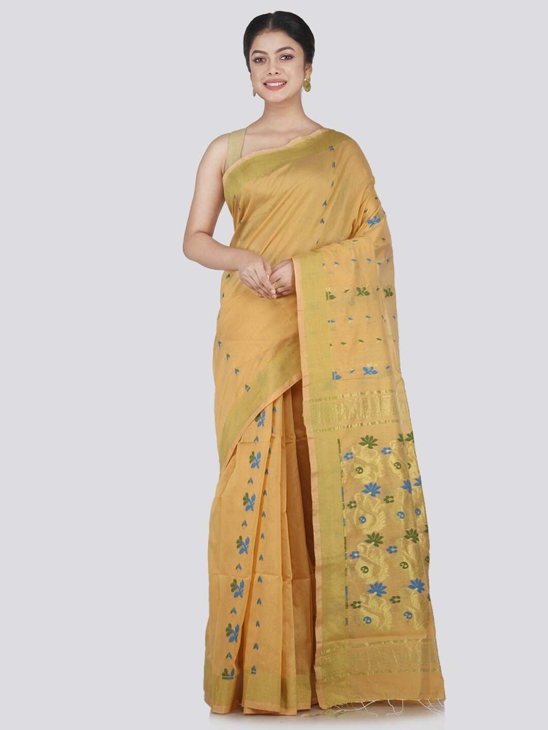 

PinkLoom Beige & Blue Floral Cotton Blend Saree