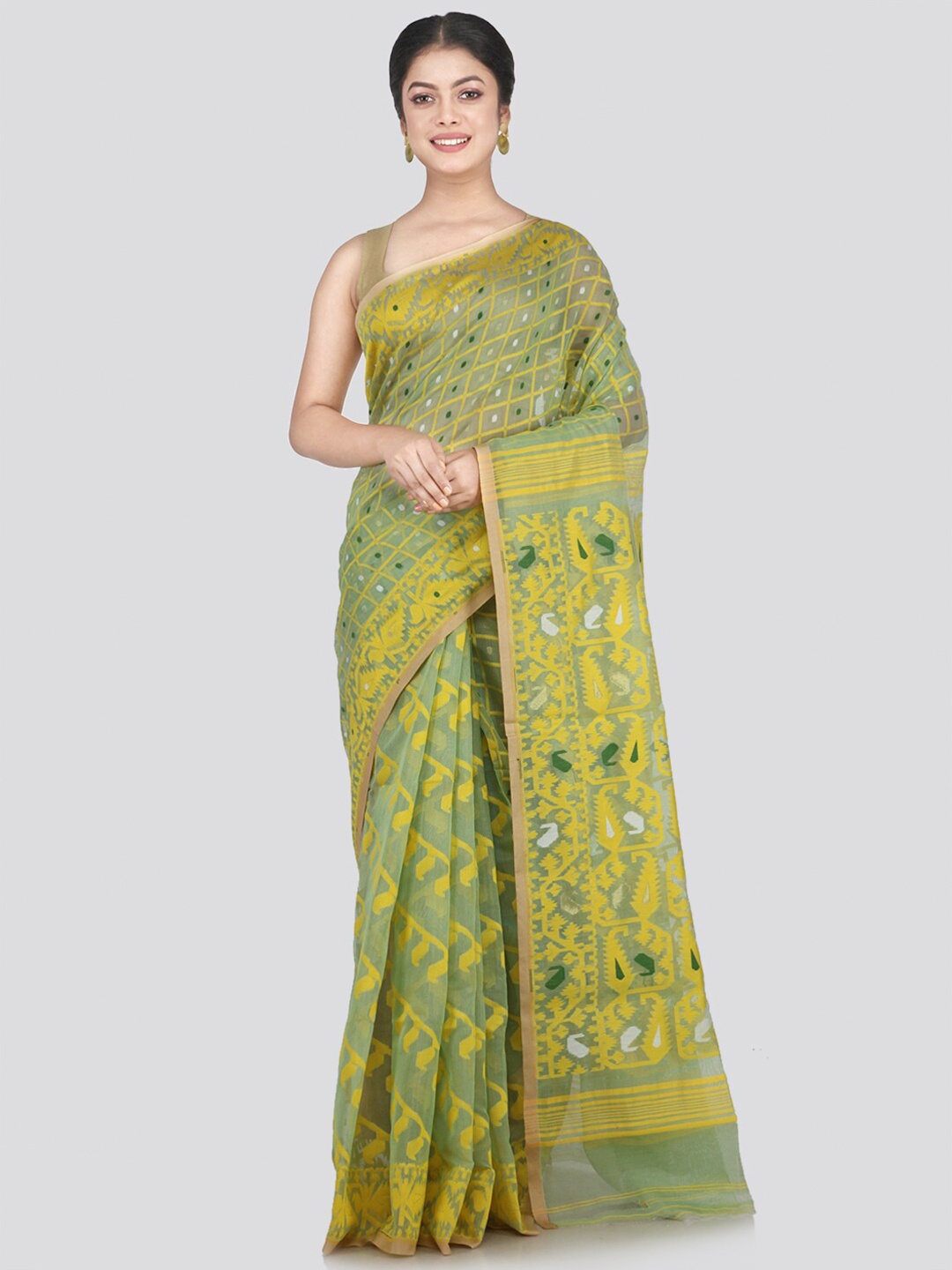 

PinkLoom Green & Silver-Toned Woven Design Pure Cotton Jamdani Saree