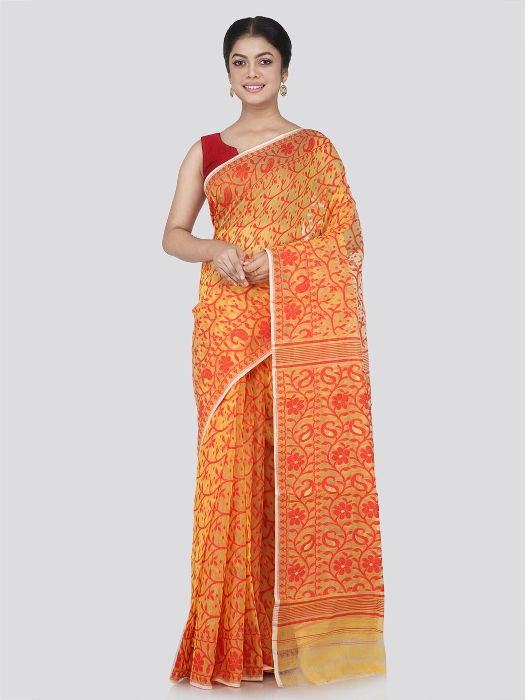 

PinkLoom Yellow & Red Woven Design Pure Cotton Jamdani Saree