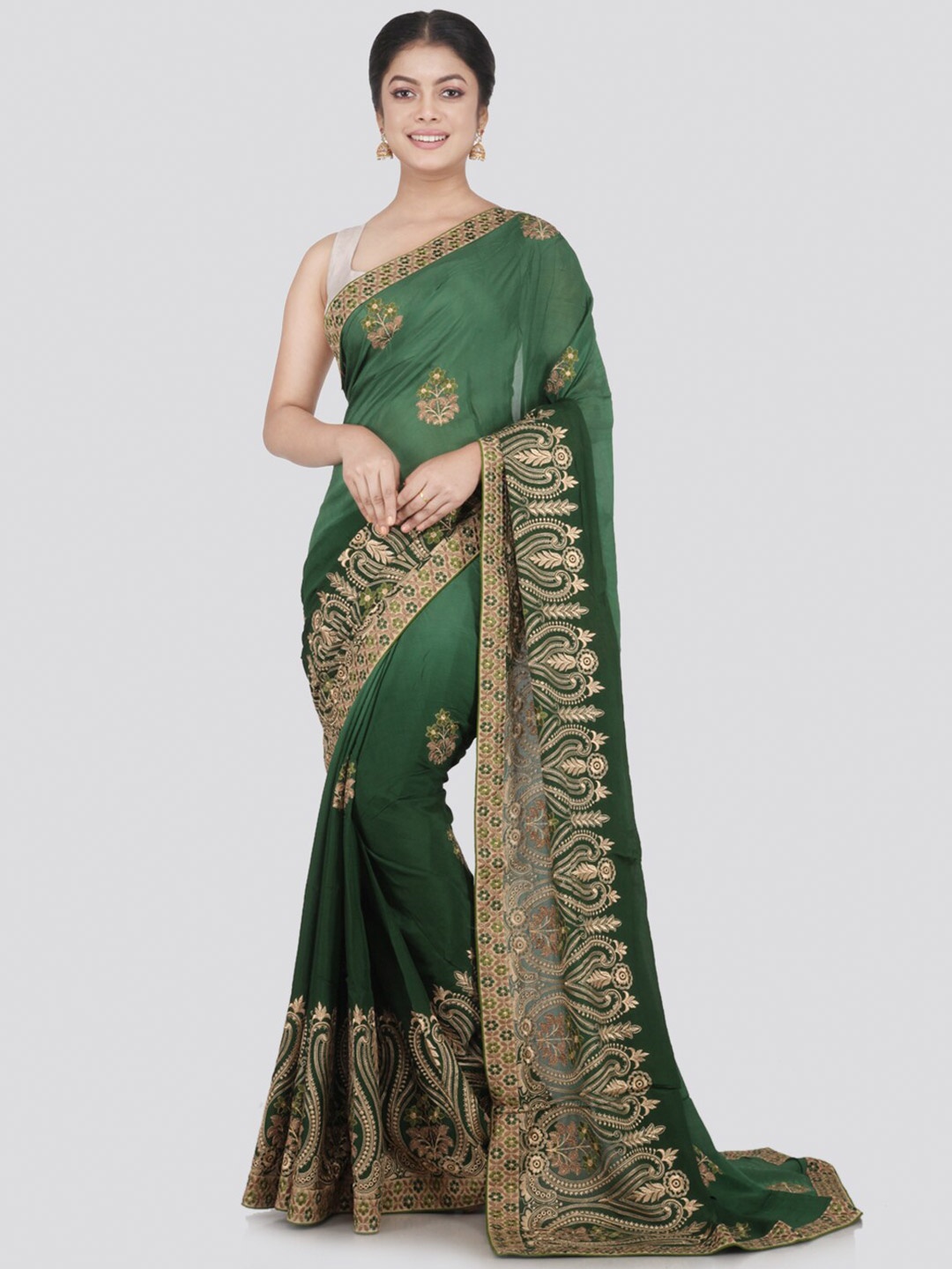 

PinkLoom Green & Gold-Toned Floral Pure Chiffon Saree