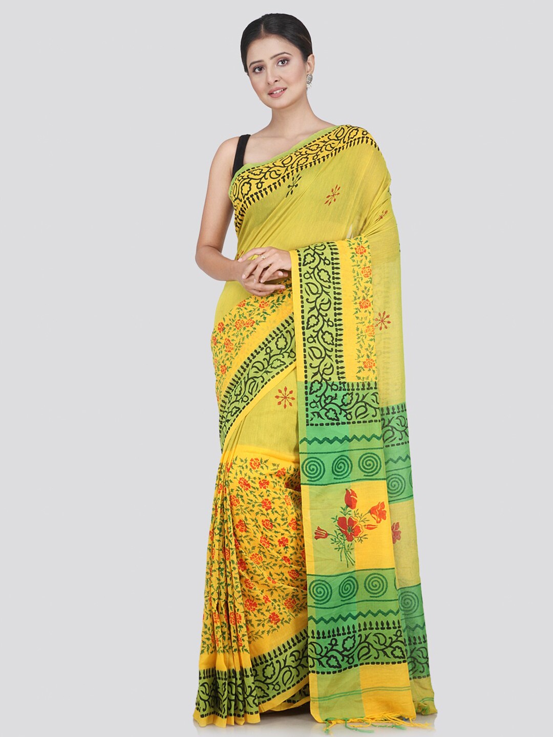 

PinkLoom Yellow & Green Floral Pure Cotton Saree