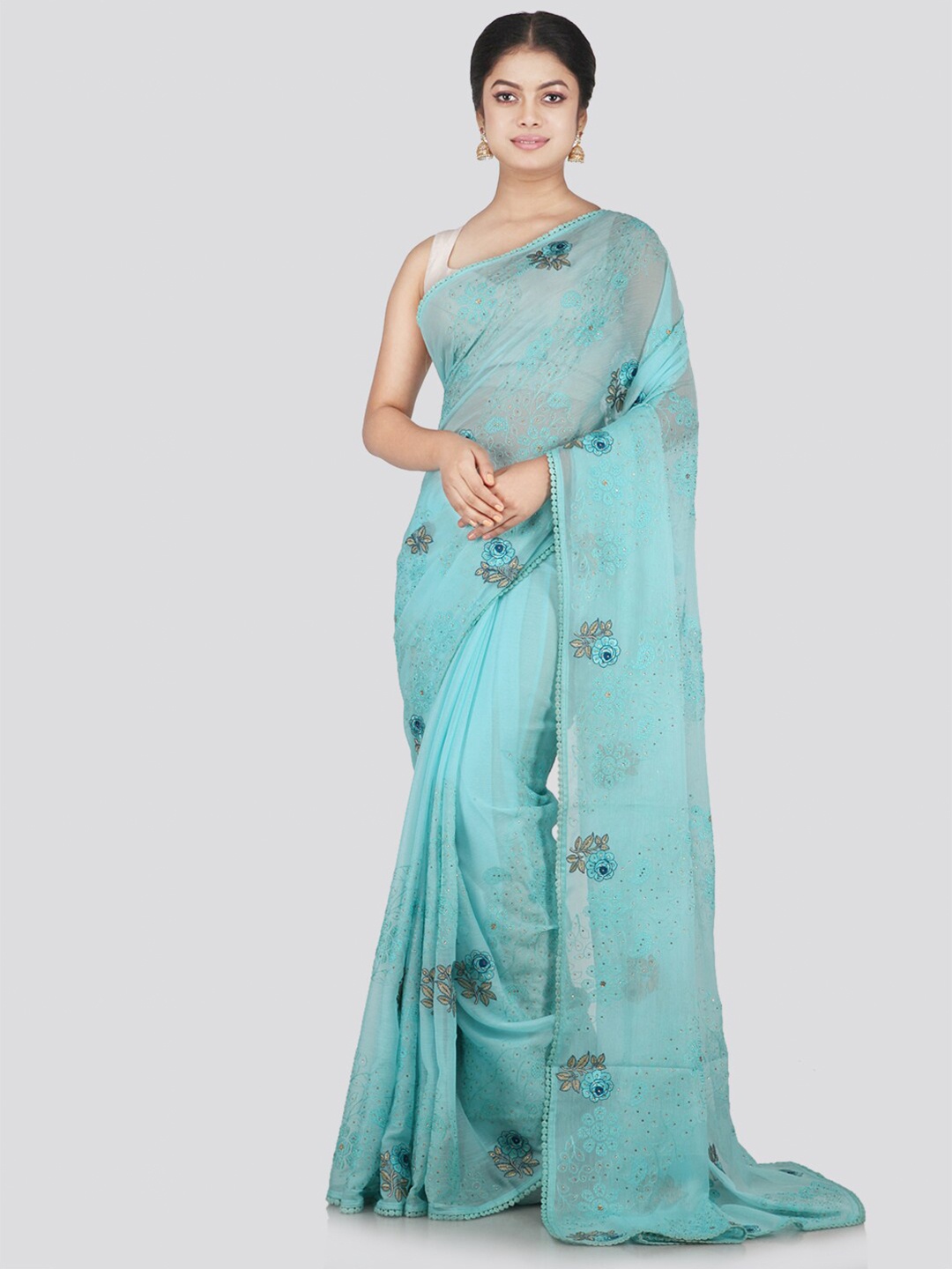 

PinkLoom Women Turquoise Blue & Beige Floral Beads and Stones Pure Chiffon Saree