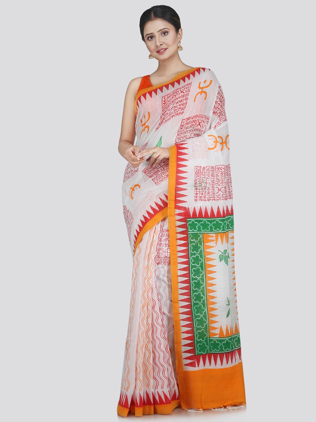 

PinkLoom White & Orange Ethnic Motifs Pure Cotton Saree