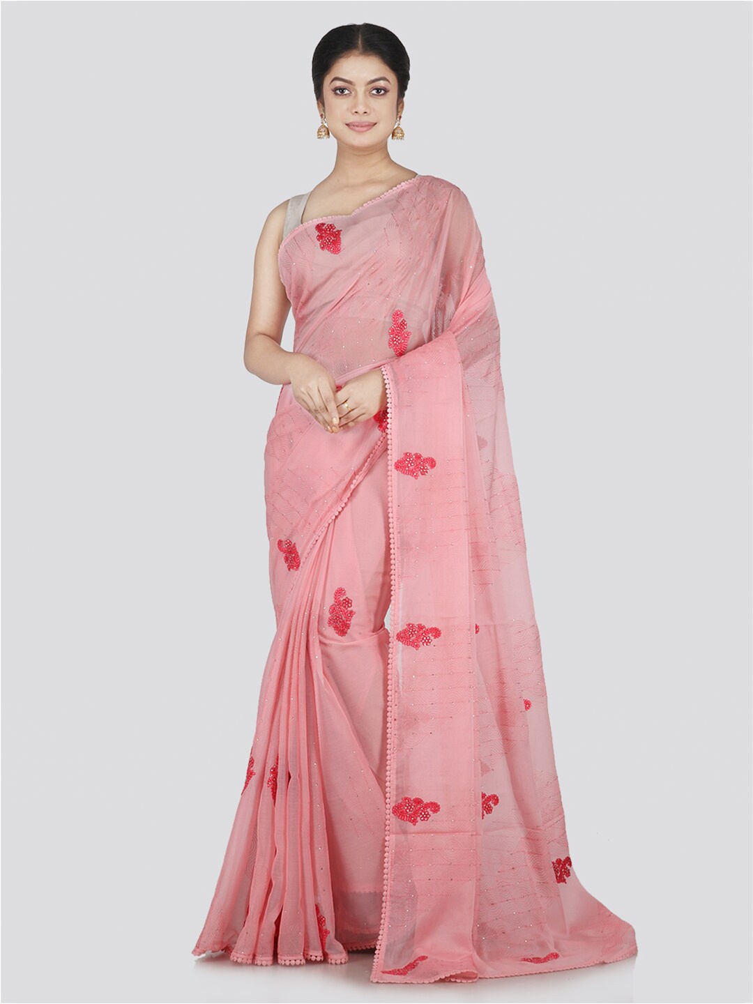 

PinkLoom Pink & Red Floral Beads and Stones Pure Chiffon Saree