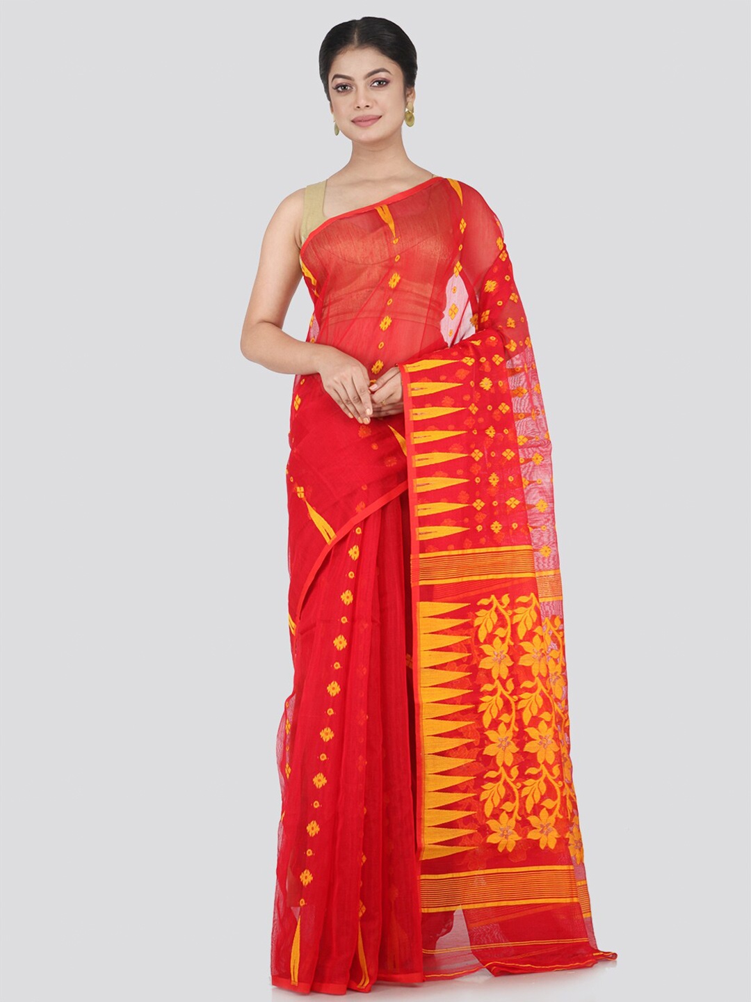 

PinkLoom Red & Yellow Woven Design Jamdani Saree