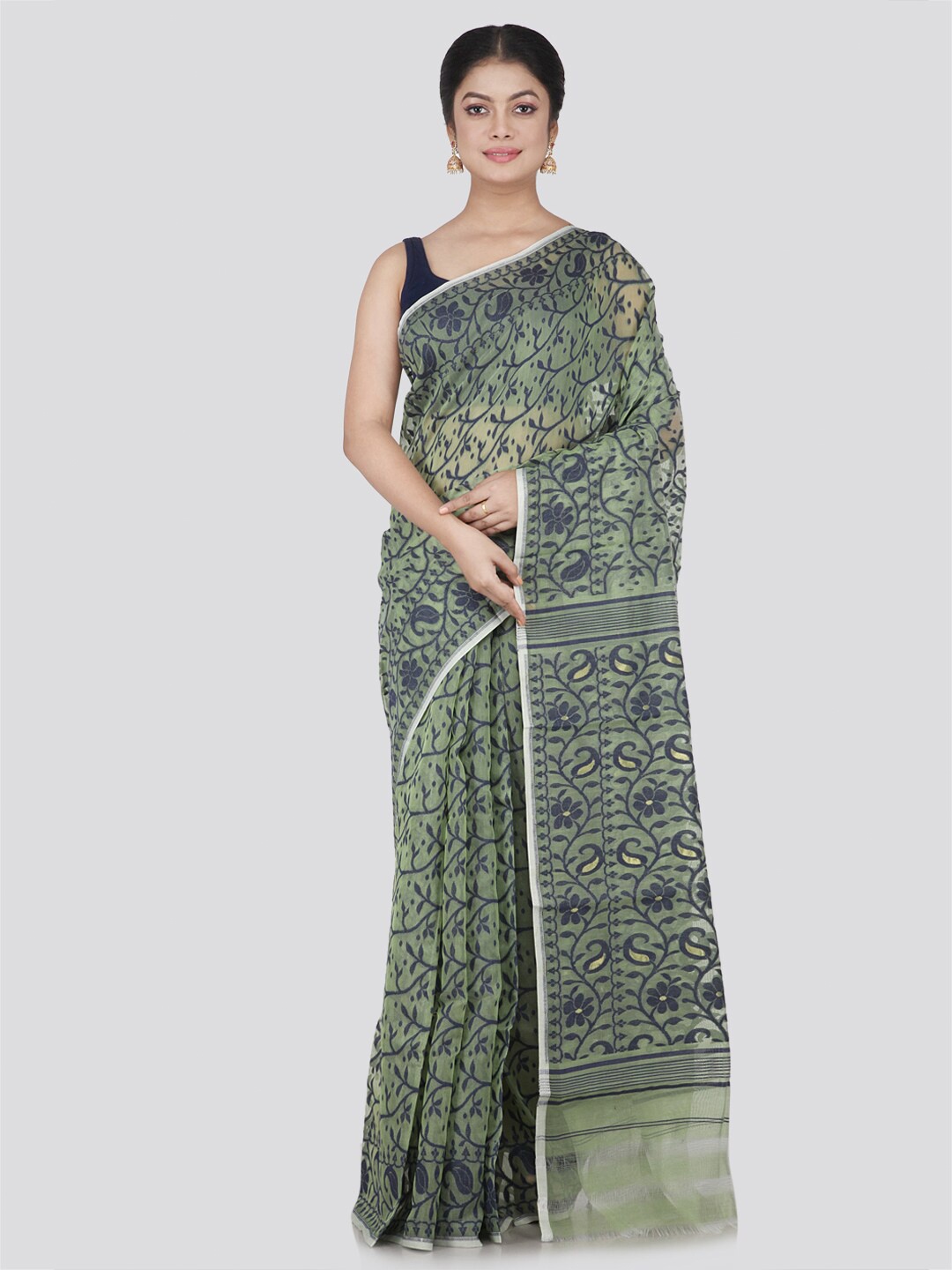 

PinkLoom Green & Grey Woven Design Pure Cotton Jamdani Saree