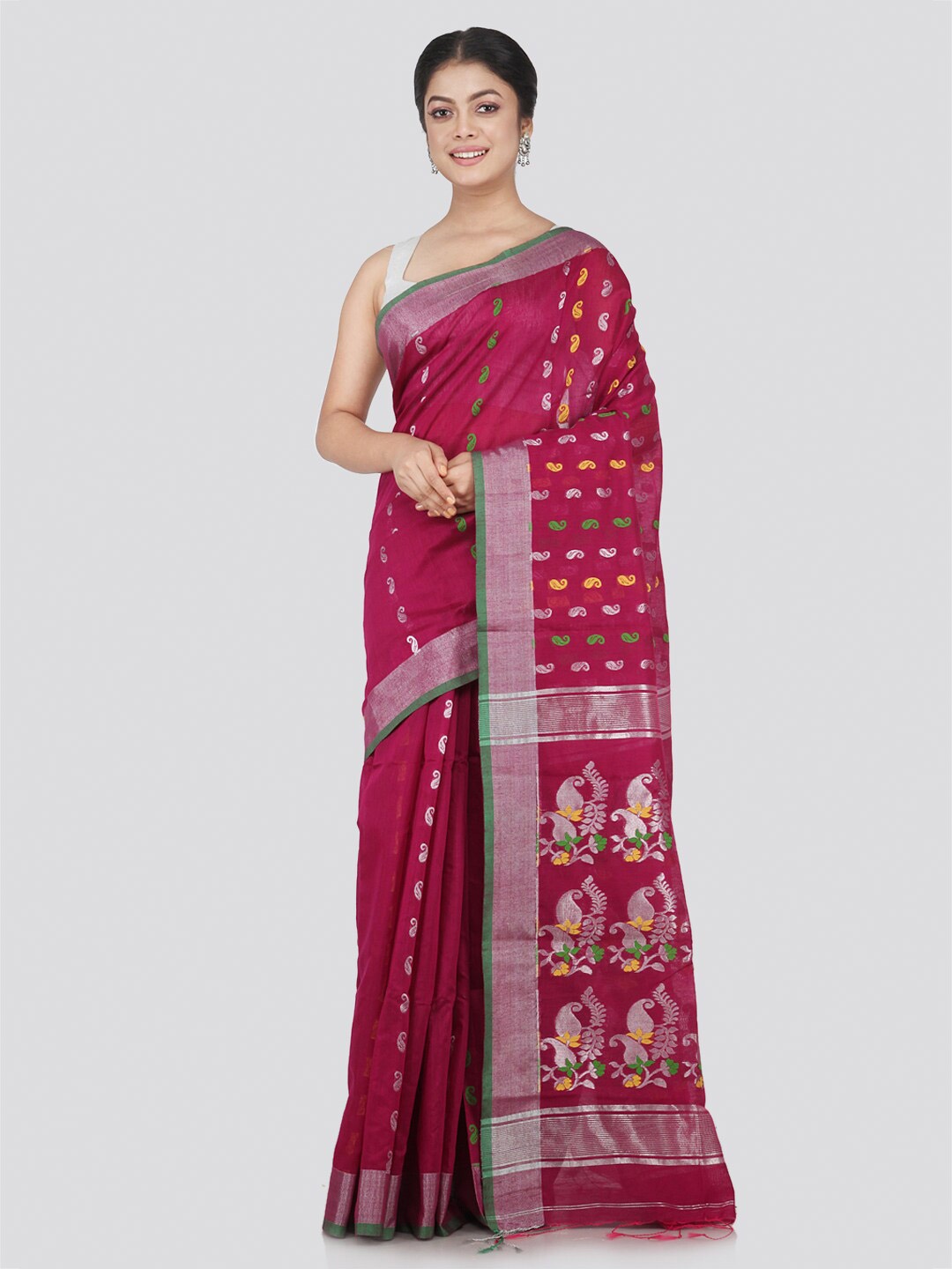 

PinkLoom Maroon & Silver-Toned Woven Design Saree