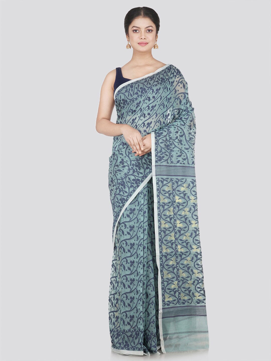 

PinkLoom Blue & Silver-Toned Woven Design Pure Cotton Jamdani Saree
